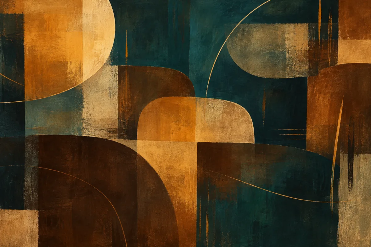 Abstract painting of rhythmic amber and deep teal shapes
