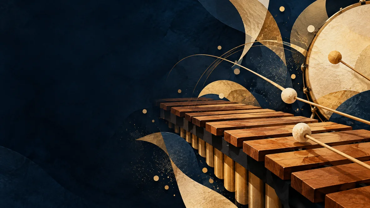 Abstract marimba, drum and mallets in a navy and gold paper collage