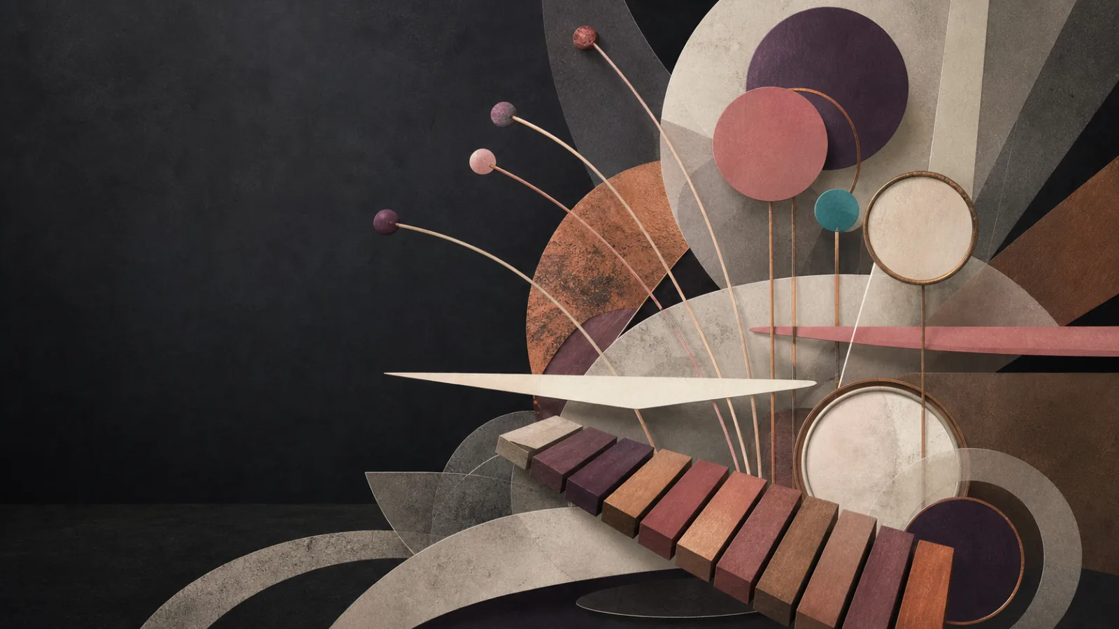 Abstract percussion forms in charcoal, aubergine, copper, ivory, dusty rose and teal