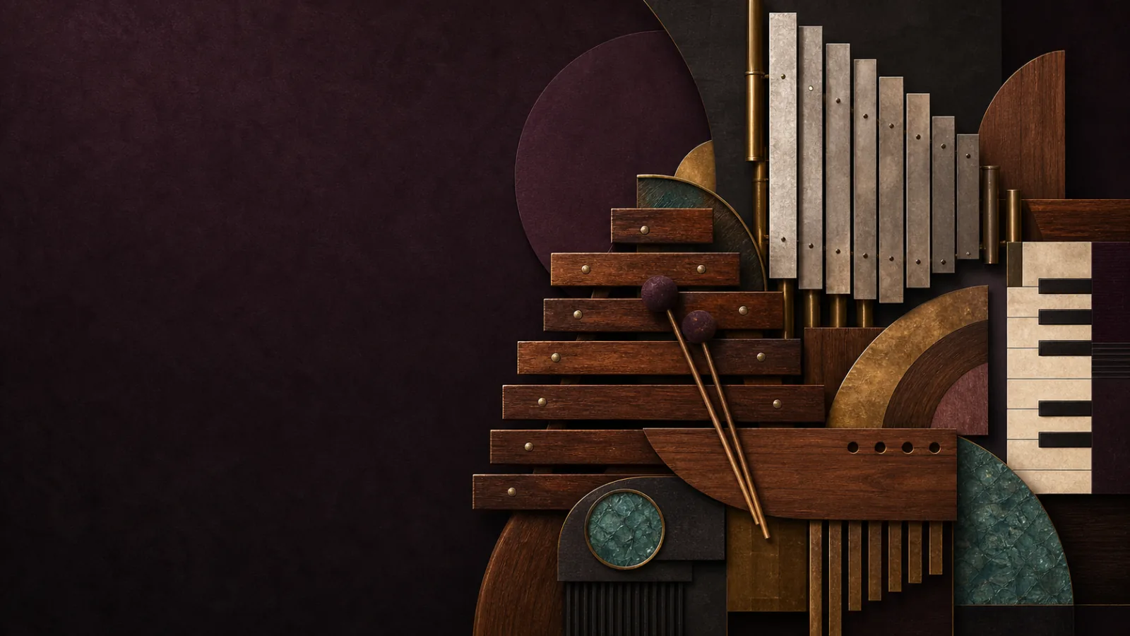 Abstract marimba, vibraphone and piano forms in plum, walnut, brass and teal