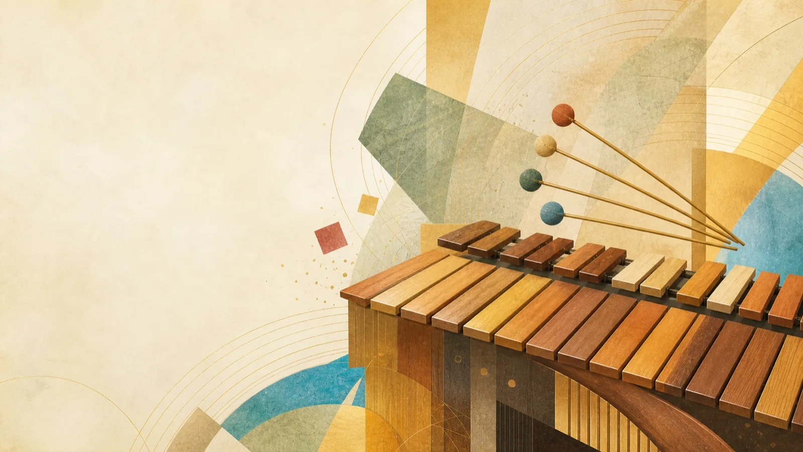 Abstract marimba bars and four mallets in luminous ivory, amber, jade, and turquoise forms