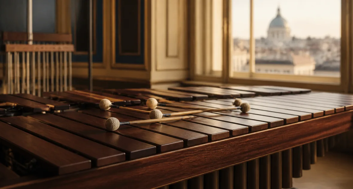 Warm-lit marimba and mallets in a Vienna rehearsal hall