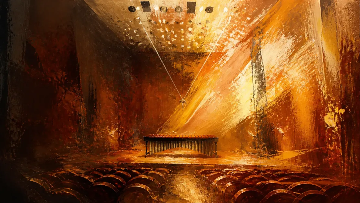 Abstract-expressionist concert hall with luminous brushwork converging on a marimba stage