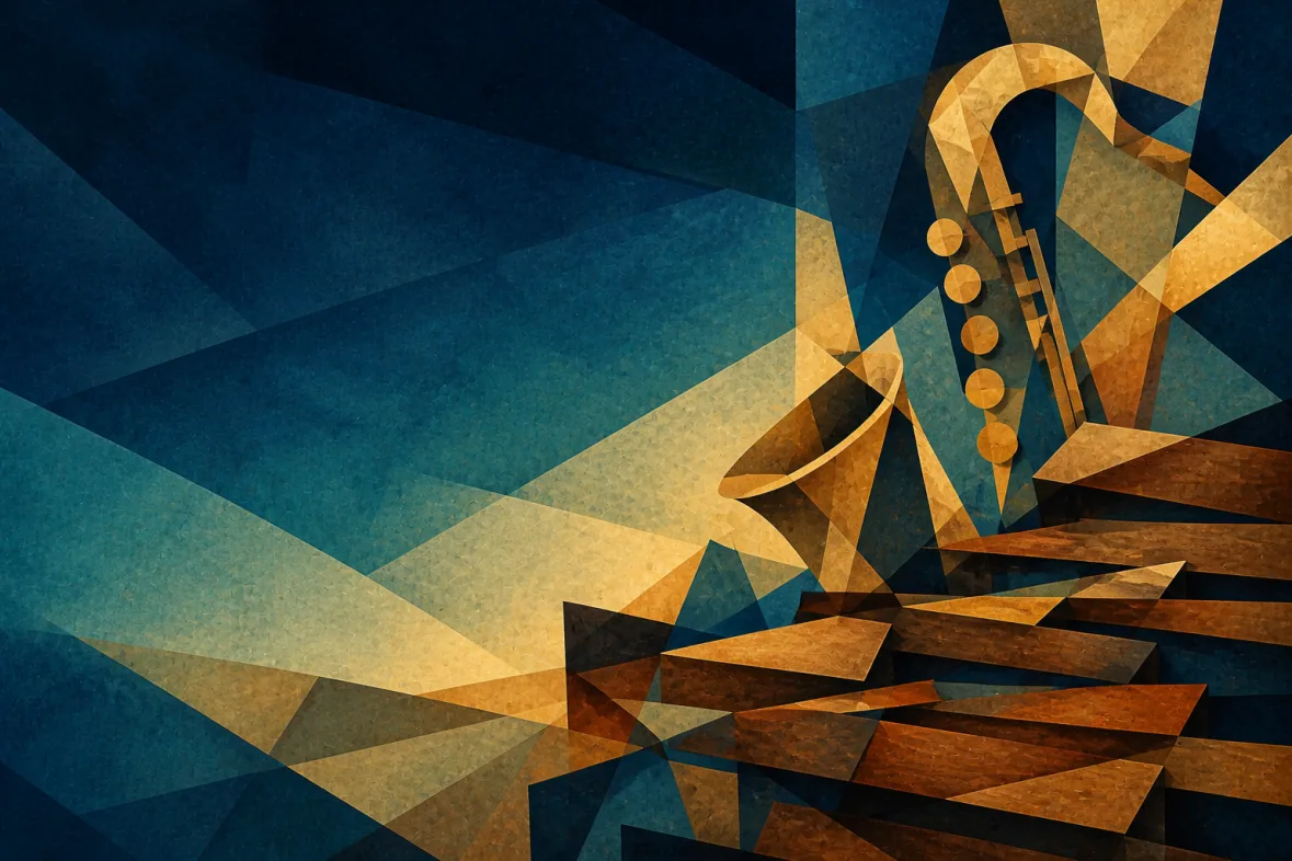 Cubist dawn composition with fractured saxophone and marimba forms