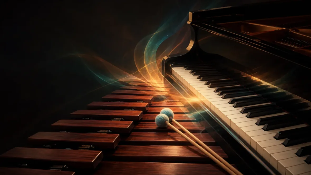 Rosewood marimba bars meeting grand-piano keys in amber and teal light
