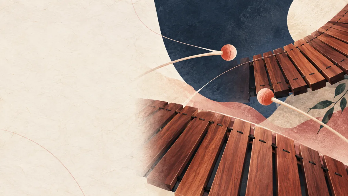 Abstract rosewood marimba bars and two mallet arcs in an indigo and amber concert atmosphere