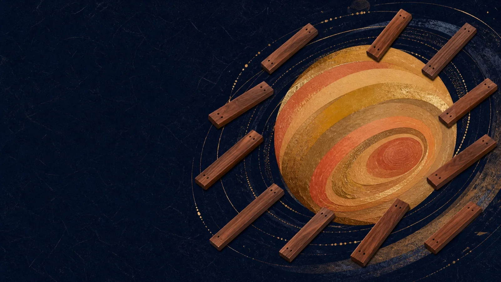Ten wooden marimba tone bars orbit an abstract ochre Jupiter on a midnight-indigo field