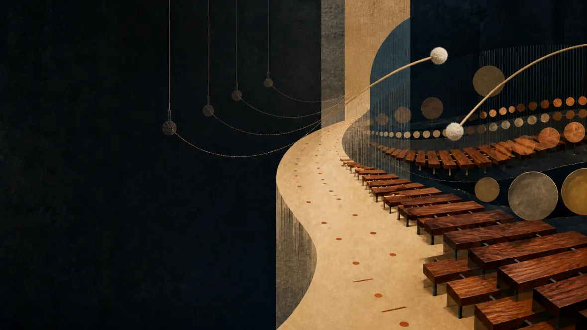 Abstract pendulums, marimba bars, mallets, and rhythmic forms linked by a luminous curving path