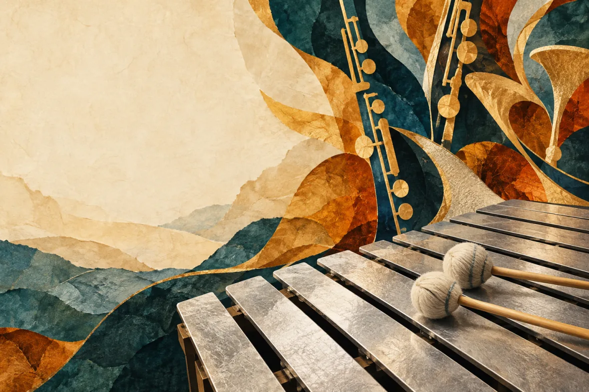 Abstract autumn-coloured illustration of vibraphone and wind instruments (AI-generated)