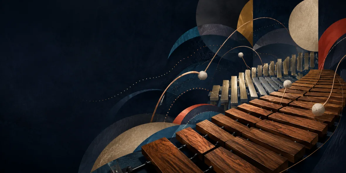 Abstract marimba bars, mallets, and phased rhythmic arcs in a nocturnal blue field