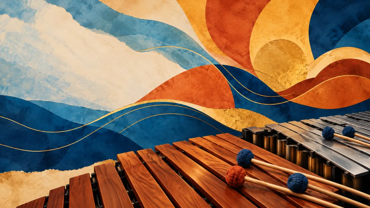 Abstract illustration of marimba, vibraphone and flowing blue and gold curves (AI-generated)