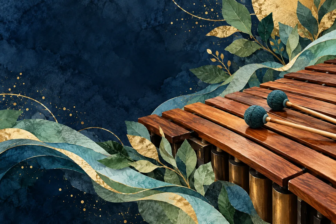 Abstract illustration of wooden marimba, mallets, leaves and flowing water (AI-generated)
