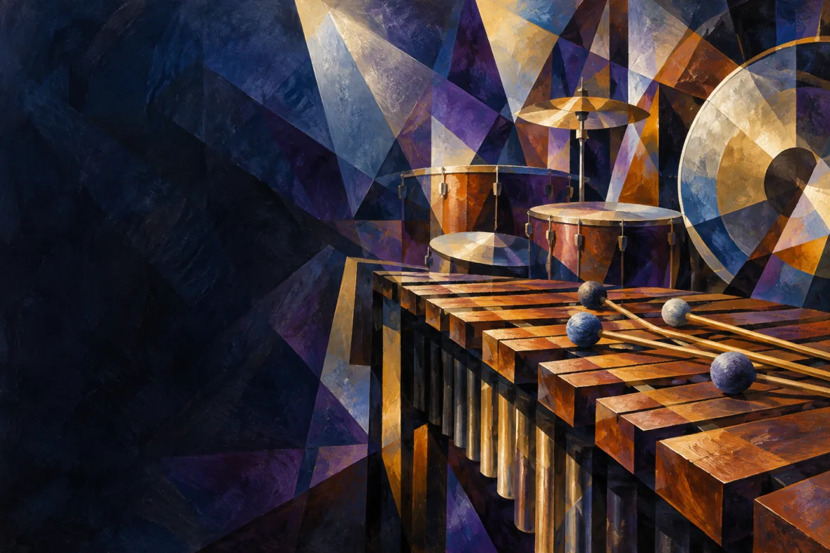 Abstract illustration of marimba and drums in blue and purple light (AI-generated)
