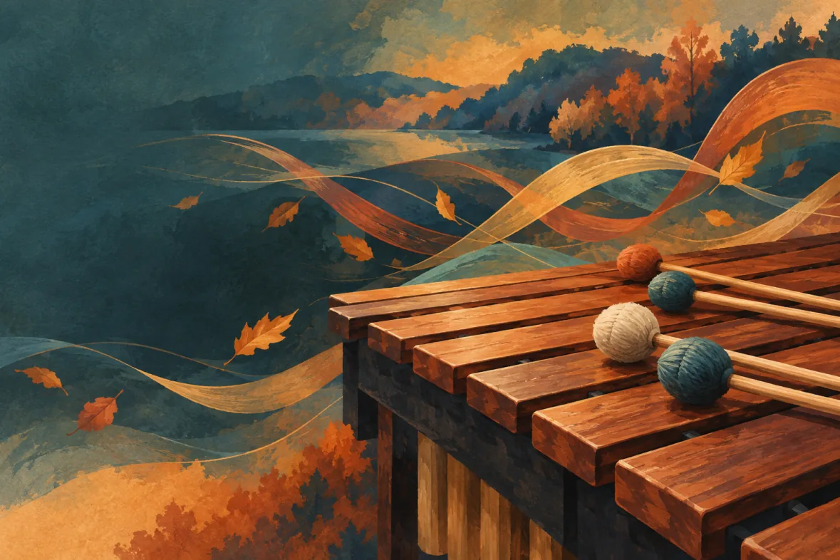 Autumn colors and flowing sound ribbons with marimba bars and mallets (AI-generated)