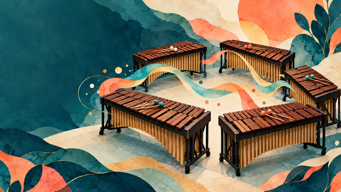 Illustration of five marimbas linked by flowing colour ribbons (AI-generated)
