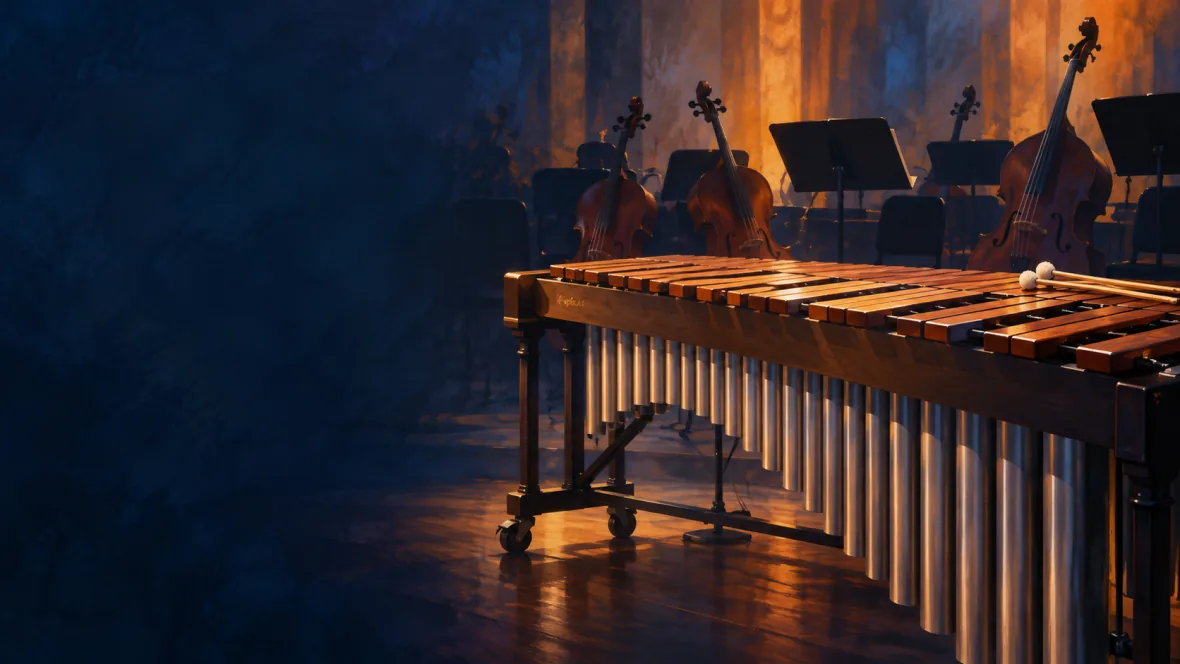 Marimba and orchestral strings in indigo and amber (AI-generated illustration)