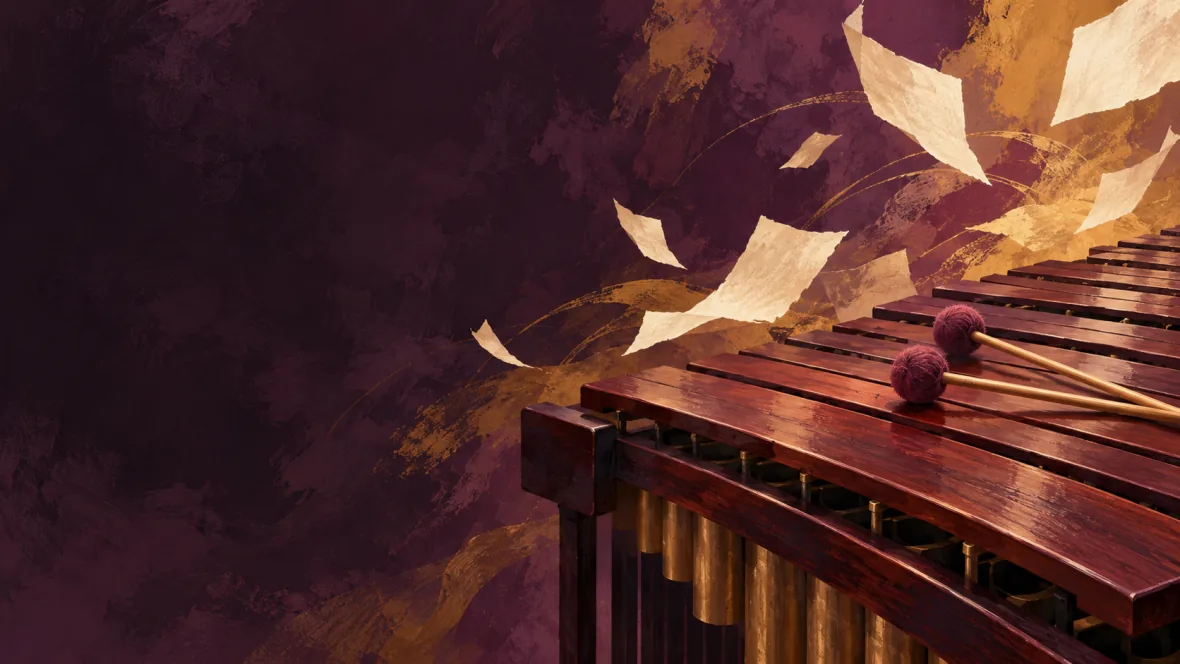 Marimba and floating blank poetry pages in plum and gold (AI-generated illustration)