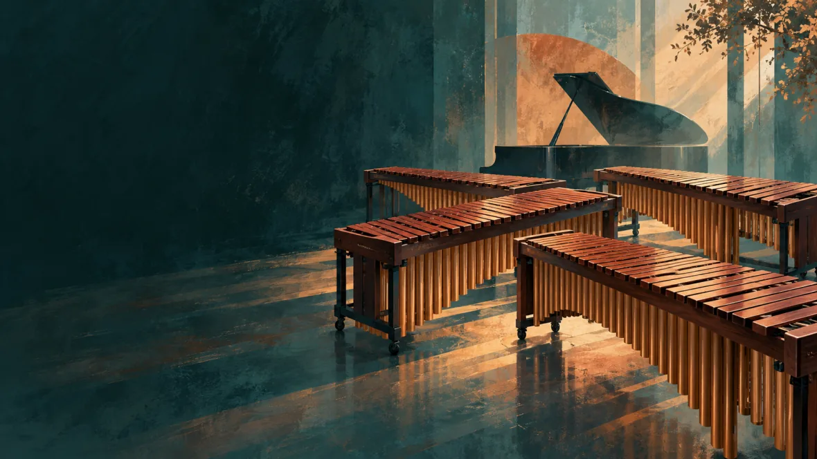 Four marimbas and piano motifs in teal and copper (AI-generated illustration)