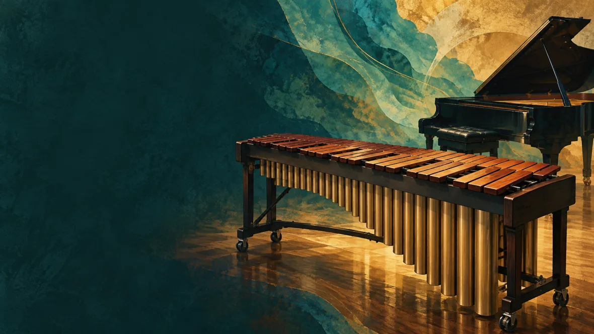 Marimba and grand piano with flowing teal and amber colour (AI-generated illustration)