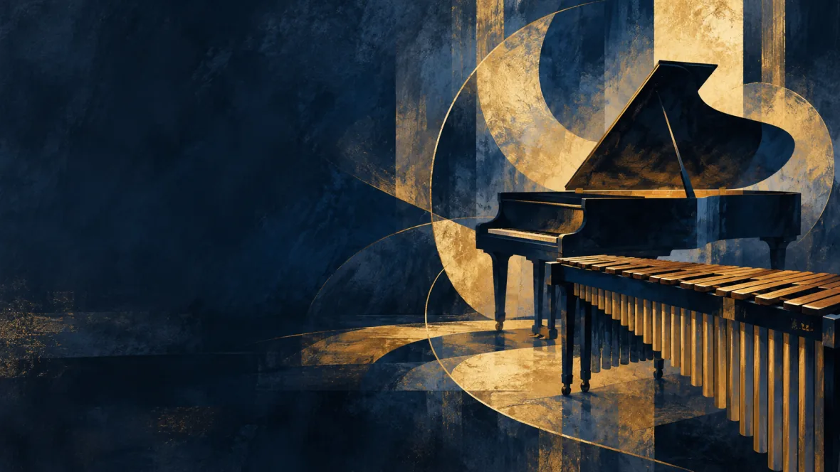 Marimba and grand piano in indigo and gold (AI-generated illustration)