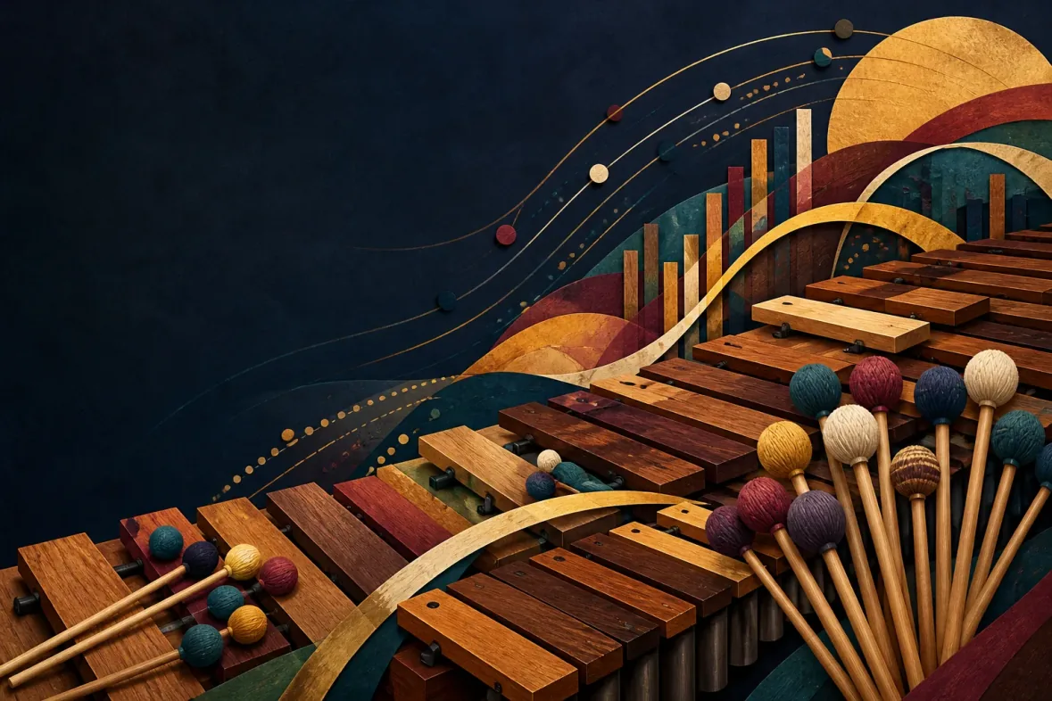 Abstract marimba orchestra forms in walnut, gold, burgundy and deep blue