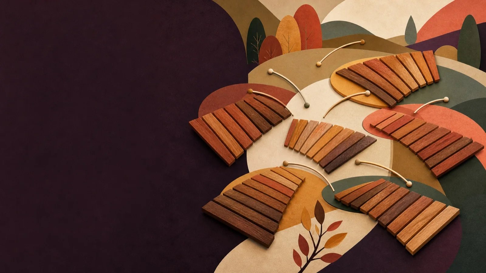 Abstract marimba-inspired wooden bars and mallet arcs across a muted Polish autumn landscape