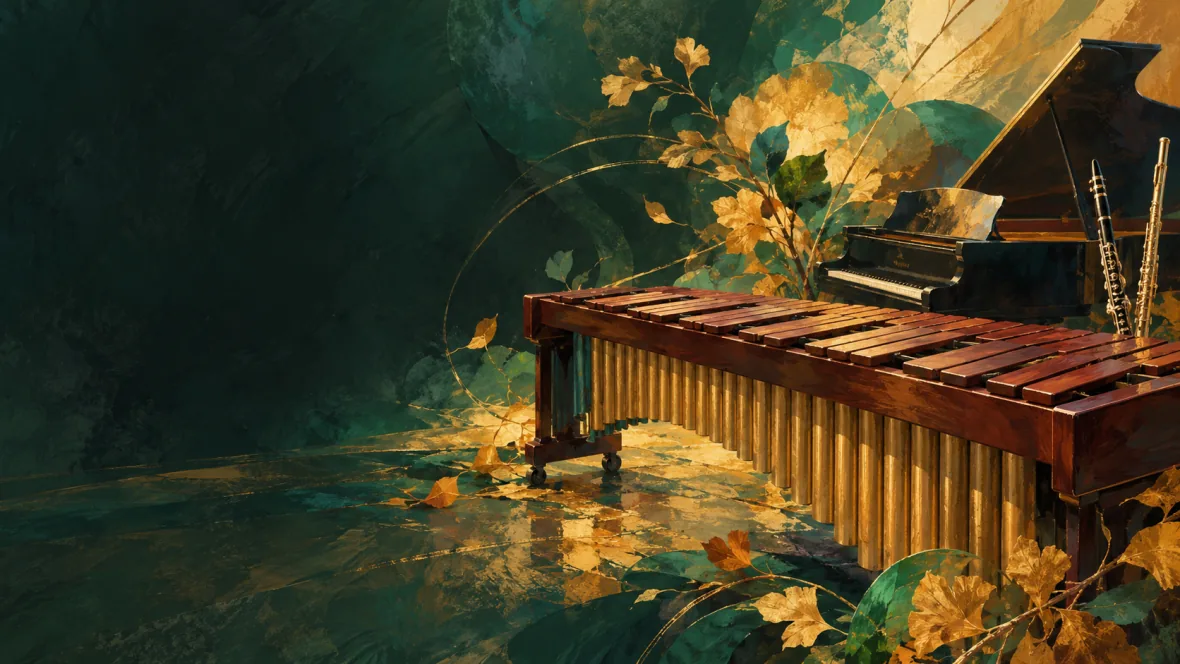 Marimba, piano and winds in emerald and gold (AI-generated illustration)