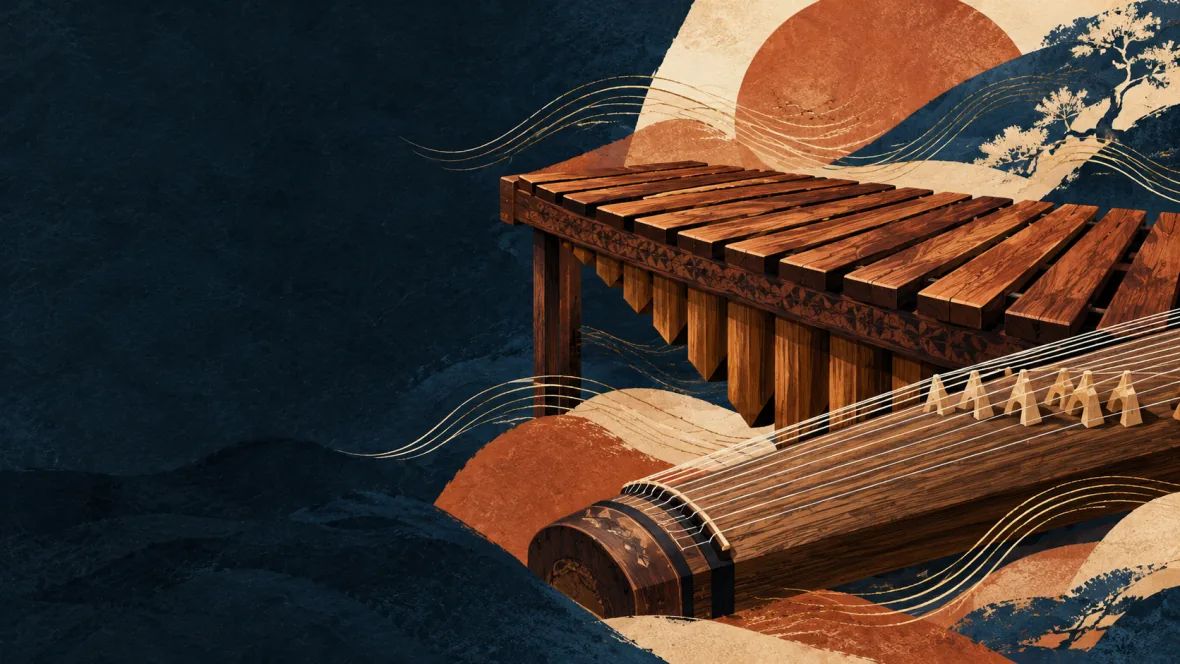 Illustration of a marimba and a Japanese koto