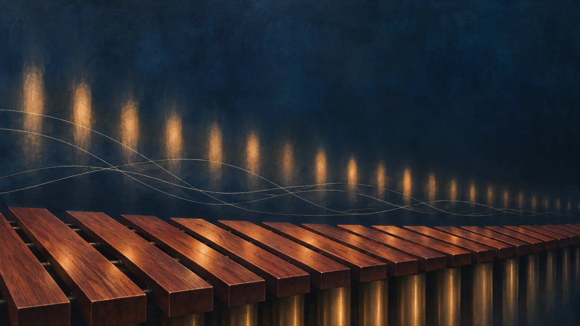 Abstract marimba bars and repeating light, an AI-generated illustration