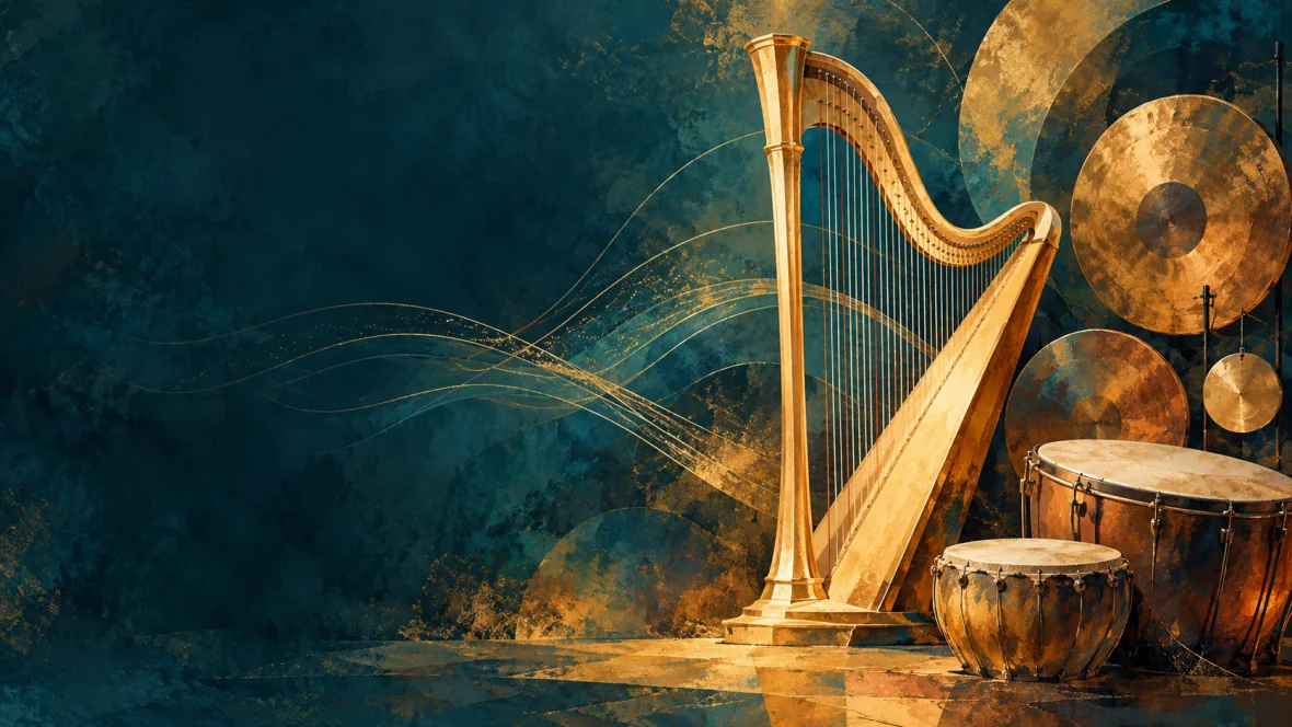 Illustration of a harp and percussion in teal and gold