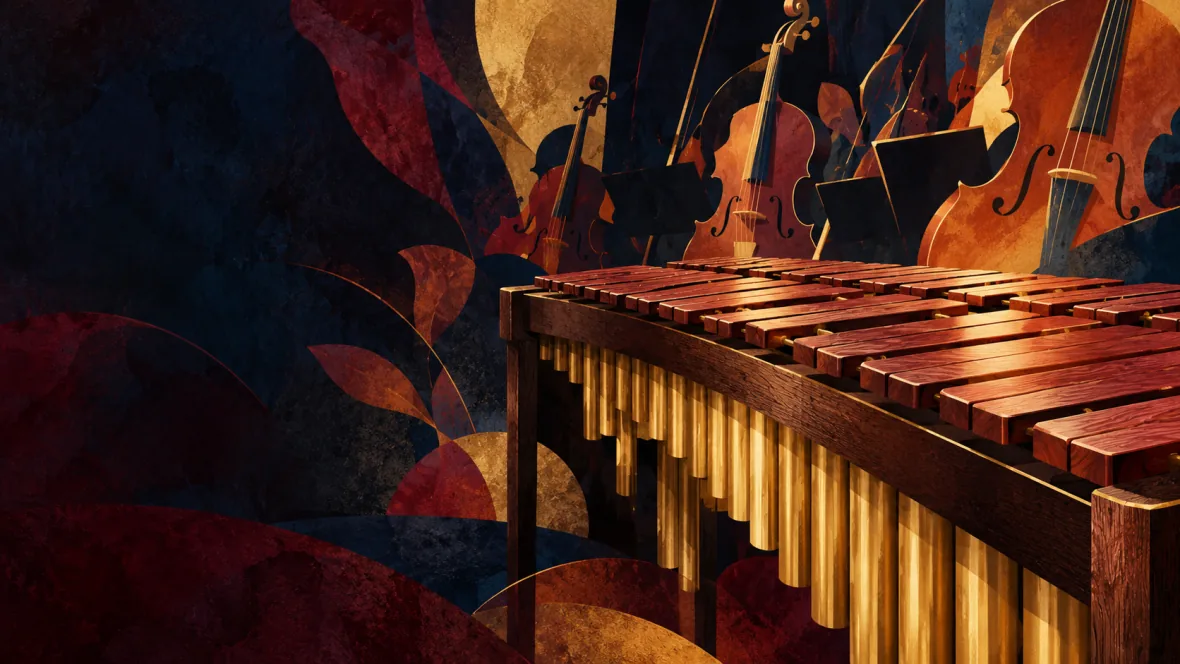Illustration of a marimba and string instruments in burgundy, blue and amber