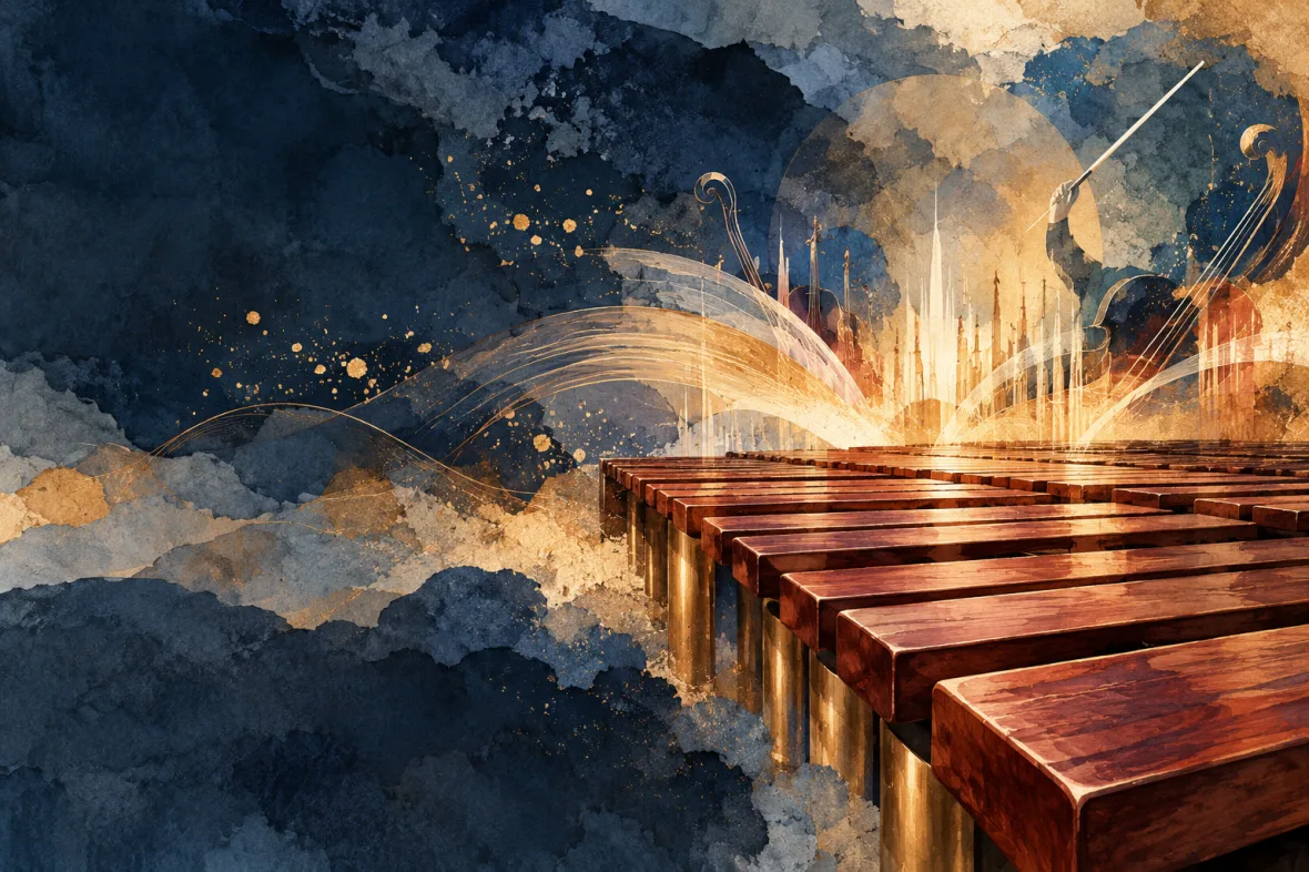 Abstract marimba bars and orchestral sound in indigo and gold (AI-generated)