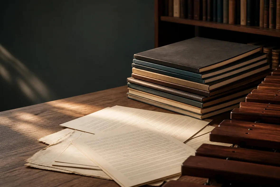 Blank score pages and closed music books beside warm wooden marimba tone bars in a quiet music library